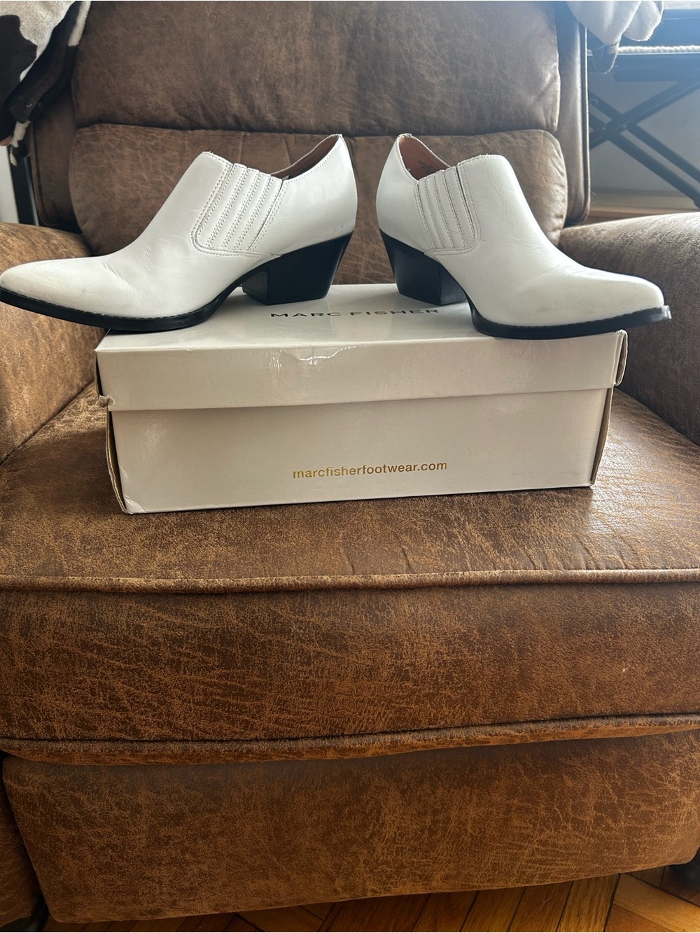 Marc Fisher White Leather Low Block Heel Ankle Booties